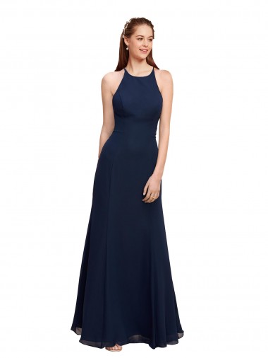 Shop High Halter Fit and Flare Long Chiffon Bridesmaid Dress / Prom Dress with Criss Cross Low Back Calgary