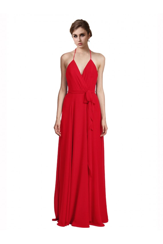 V-Neck Spaghetti Halter Strap Chiffon Bridesmaid Dress