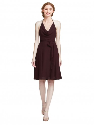 Shop Short Knee Length Chiffon Bridesmaids Dress with Halter Cowl Neck Calgary