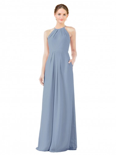 Shop Fitted Long High Halter Neck Chiffon Bridesmaid Dress with Keyhole Back Calgary