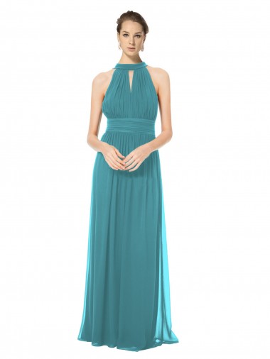 Shop Ruched Long Chiffon Halter Bridesmaid Dress with Tie Back and Tails Calgary