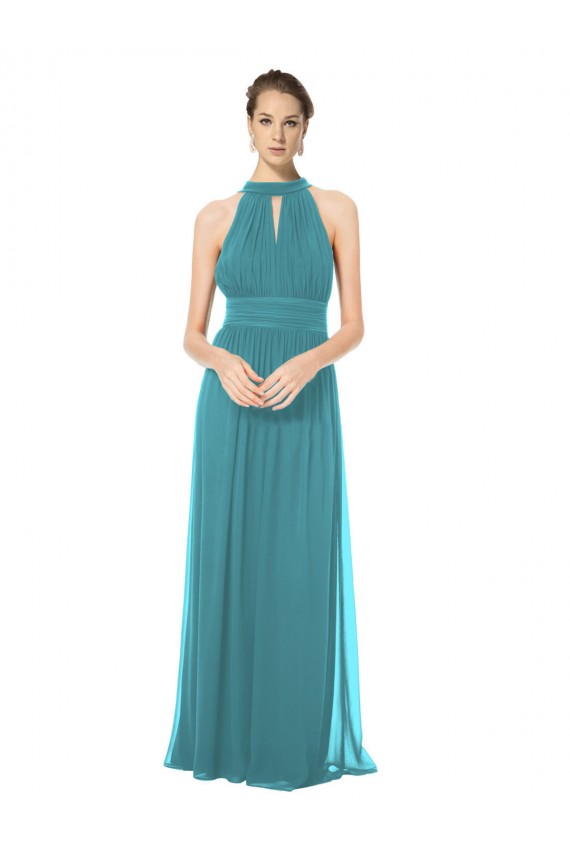 Ruched Long Chiffon Halter Bridesmaid Dress with Tie Back and Tails