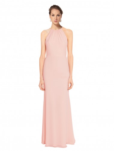 Shop High Neck Long Chiffon Halter Bridesmaid Dress with Drape Chiffon Overlay Calgary