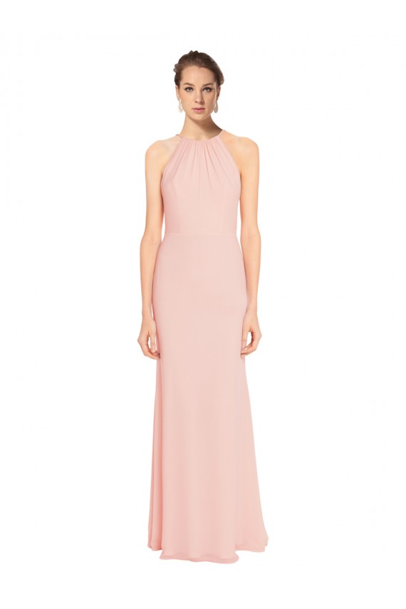 High Neck Long Chiffon Halter Bridesmaid Dress with Drape Chiffon Overlay
