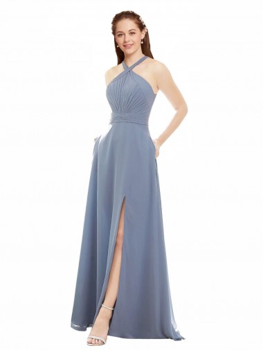 Shop High Neck Chiffon Bridesmaid Dress with Draped Bodice & Pockets Calgary
