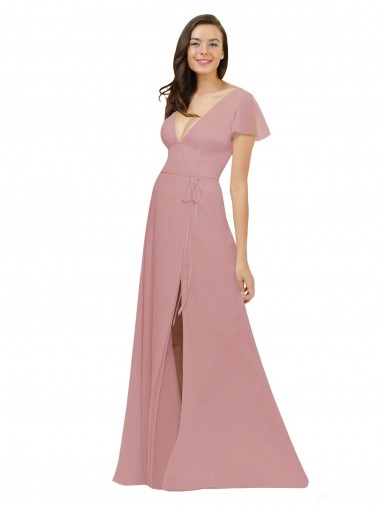 Shop Flutter Sleeves Short Chiffon Bridesmaid Dress with Tie Belt Calgary