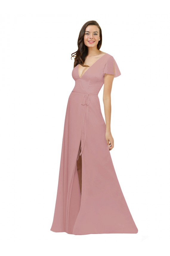 Flutter Sleeves Short Chiffon Bridesmaid Dress with Tie Belt