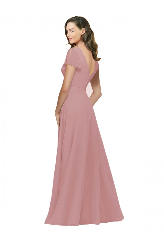 Flutter Sleeves Short Chiffon Bridesmaid Dress with Tie Belt