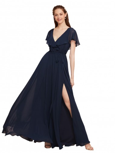 Shop Long V-Neck Chiffon Bridesmaid Dress with Slit and V-Back Calgary