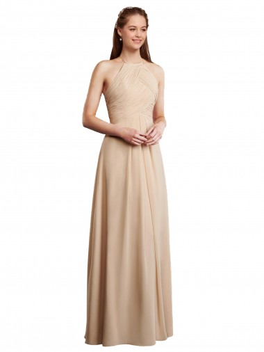 Shop Draped Halter Neck Long Chiffon Bridesmaid Dress with Tie Back Calgary