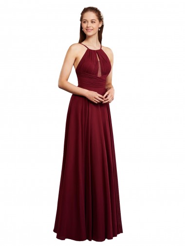 Shop Long A-Line Halter Neck Chiffon Bridesmaid Dress with Draped Bodice Calgary