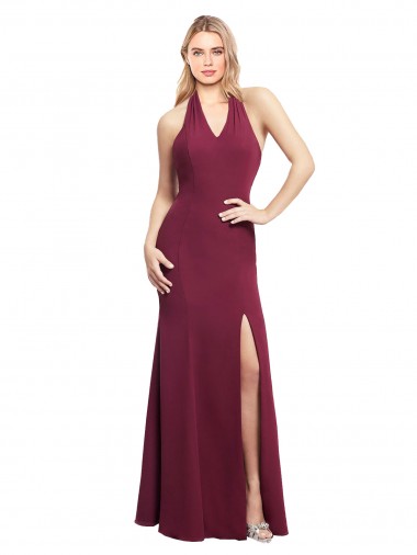 Shop Chiffon Mermaid Bridesmaid Dress with Back Tie Halter Straps and Side Slit Calgary