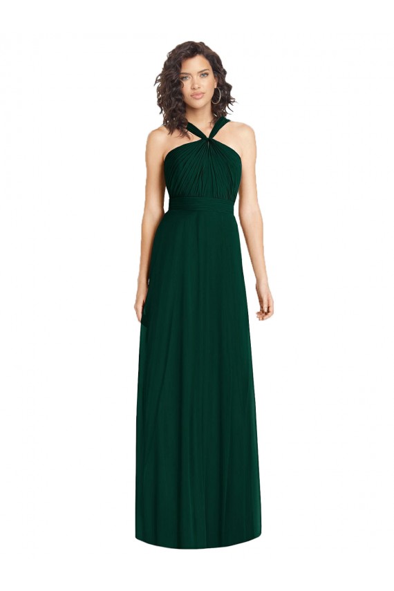 Draped Halter Neck Long Chiffon Bridesmaid Dress with Low Back
