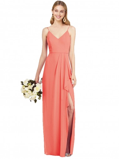 Shop Spaghetti Strap Draped Skirt Chiffon Bridesmaid Dress with Front Slit Calgary