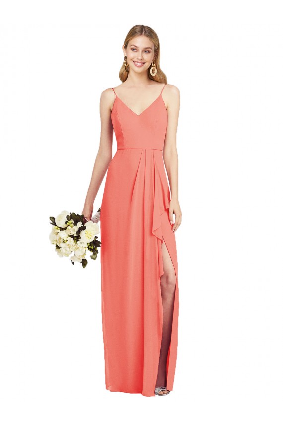 Spaghetti Strap Draped Skirt Chiffon Bridesmaid Dress with Front Slit