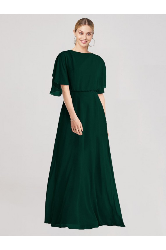 Full-Length Flutter Sleeves Plunging V Back Chiffon Bridesmaid Dress