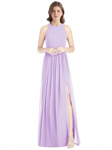 Shop Shirred Skirt Jewel Neck Halter Chiffon Bridesmaid Dress with Front Slit Calgary