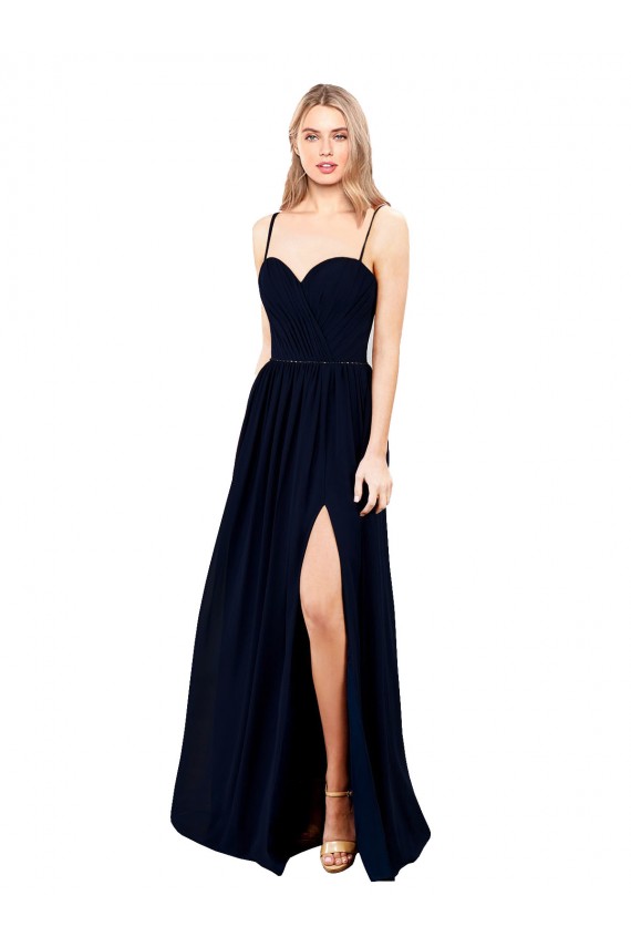 Draped A-Line Chiffon Formal Bridesmaid Dress with Spaghetti Straps and High Slit