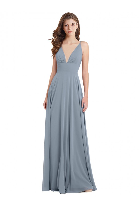 Fitted V-Neckline Long Chiffon Bridesmaid Dress with V-Back