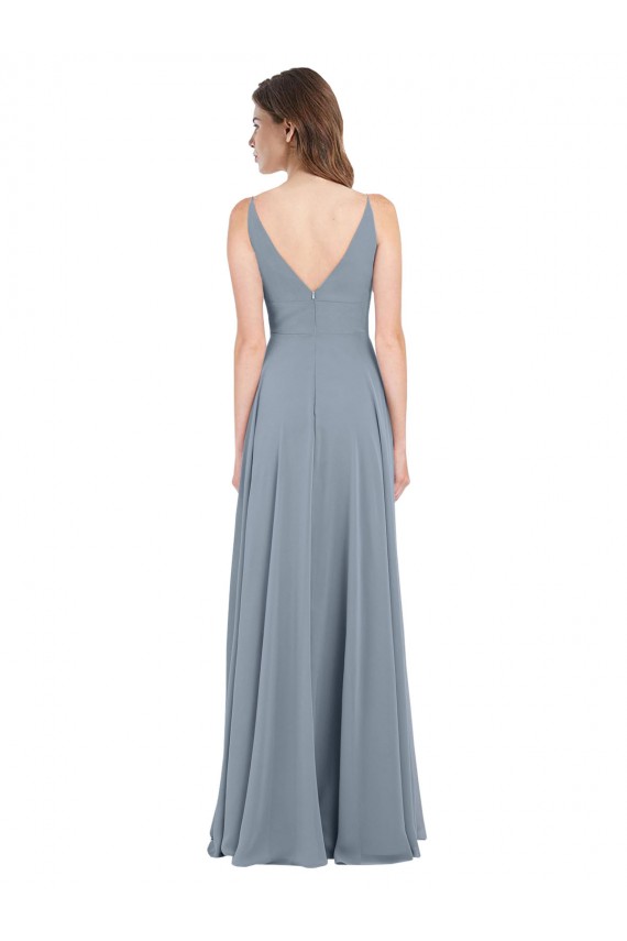Fitted V-Neckline Long Chiffon Bridesmaid Dress with V-Back