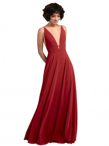 Shop Fitted Plunging Deep V-Neck Long Chiffon Bridesmaid Dress with V-Back Calgary