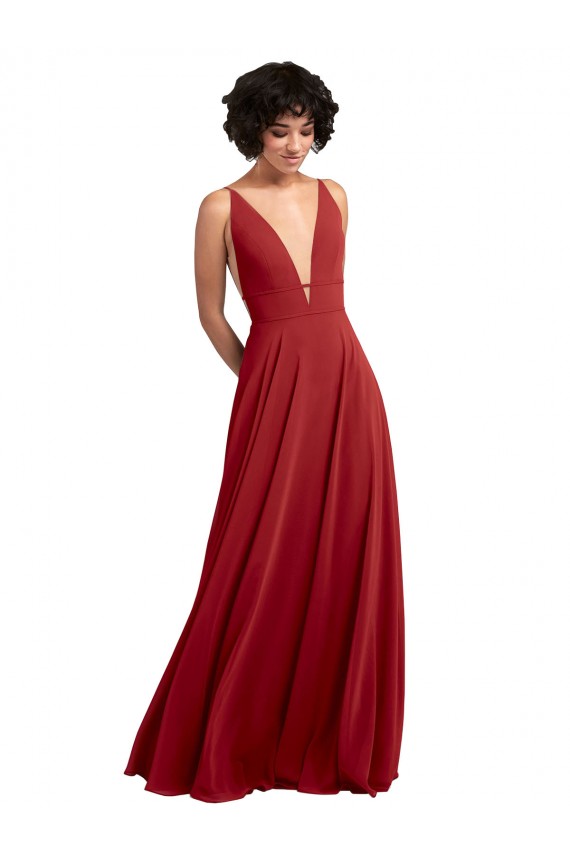 Fitted Plunging Deep V-Neck Long Chiffon Bridesmaid Dress with V-Back