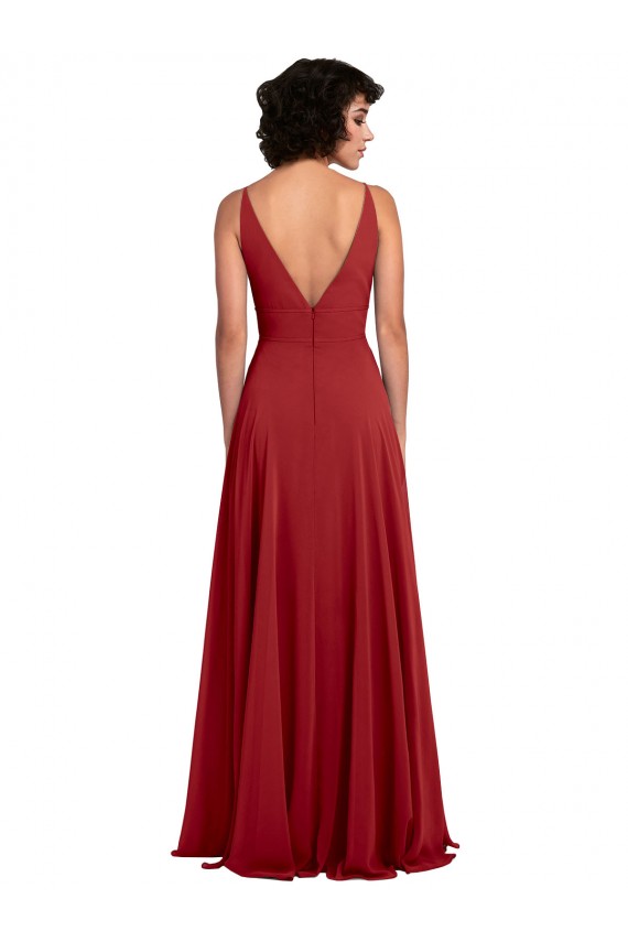 Fitted Plunging Deep V-Neck Long Chiffon Bridesmaid Dress with V-Back