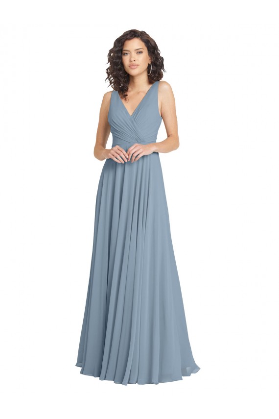 Faux Surplice Bodice Long Chiffon Bridesmaid Dress with V-Neckline