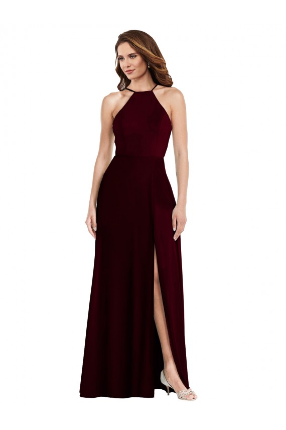 Halter Spaghetti Straps Maxi Bridesmaid Dress with Front Slit