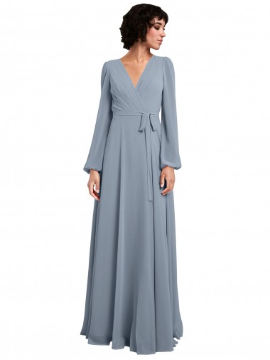 Shop Wrap Style Long Sleeves Chiffon Bridesmaid Dress with Pleated Bodice Calgary