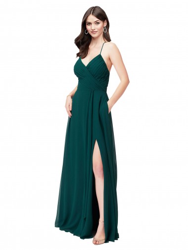 Shop Chiffon Bridesmaid Dress with Draped Surplice Bodice & Pockets Calgary