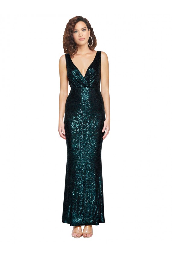 V-Neck Full Length Formal Sequin Bridesmaid Dress / Prom Dress with Draped Back