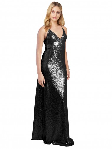 Shop Full Length A-Line Formal Sequin Bridesmaid Dress / Prom Dress with Spaghetti Straps V-Neckline Calgary