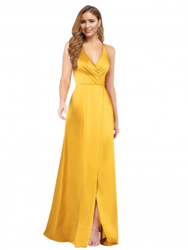 Shop Halter A-Line Formal Silky Satin Bridesmaid Dress / Prom Dress with V-Neckline and Slit Calgary