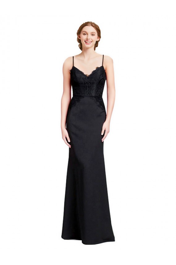 Long Chiffon Bridesmaid Dress / Prom Dress with Lace Bodice and Curved V-Neckline