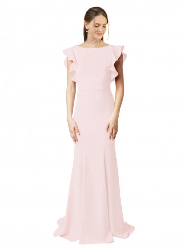 Shop Low V-Back Long Mermaid Crepe Bridesmaid Dress / Prom Dress with Ruffled Sleeves Calgary