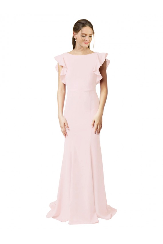 Low V-Back Long Mermaid Crepe Bridesmaid Dress / Prom Dress with Ruffled Sleeves