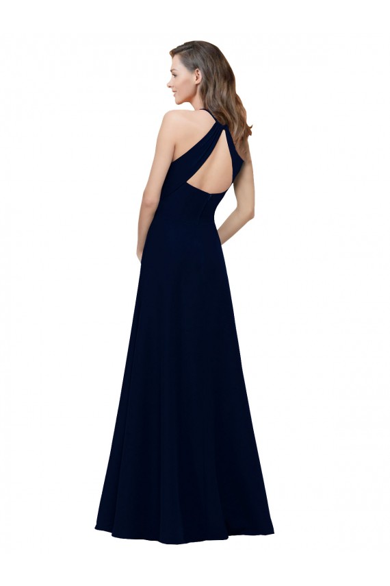 High Neck Crepe Bridesmaid Dress / Prom Dress with Pleats and Keyhole Back