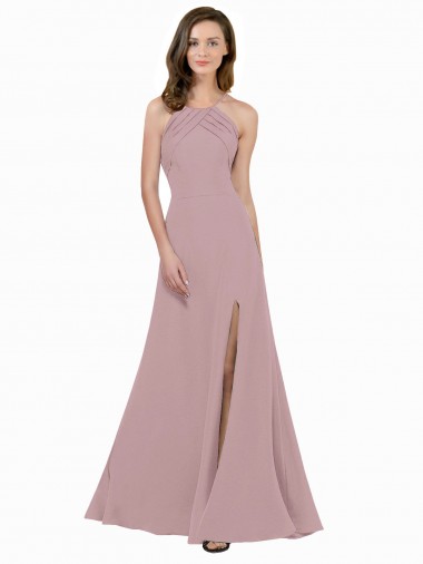 Shop High Neck Crepe Bridesmaid Dress / Prom Dress with Pleats and Keyhole Back Calgary