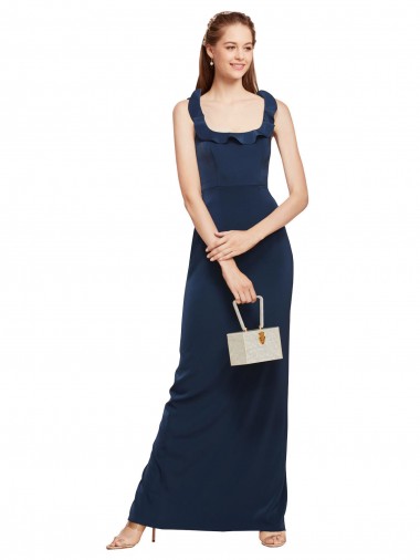 Shop Scoop Neck with Ruffles Long Formal Crepe Bridesmaid Dress / Prom Dress with Back Slit Calgary