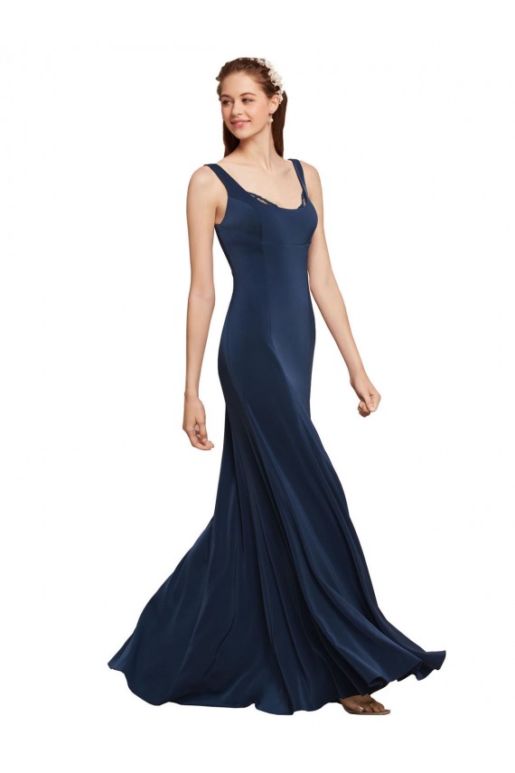 Fit and Flare Long Formal Crepe Bridesmaid Dress / Prom Dress with Round Neck