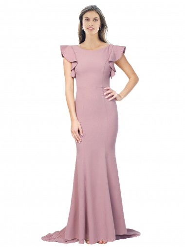 Shop Flutter Sleeves Low V-Back High Round Neck Formal Crepe Bridesmaid Dress / Prom Dress Calgary