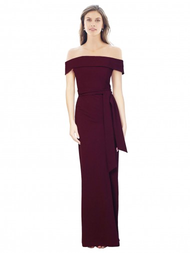 Shop Off the Shoulder Long Formal Crepe Bridesmaid Dress / Prom Dress with Waist Tie Calgary