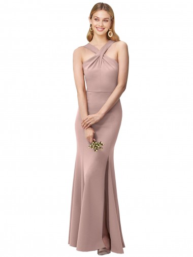 Shop Long Floor Length High Neck Fit and Flare Stretch Crepe Bridesmaid Dress / Prom Dress with Side Slit Calgary