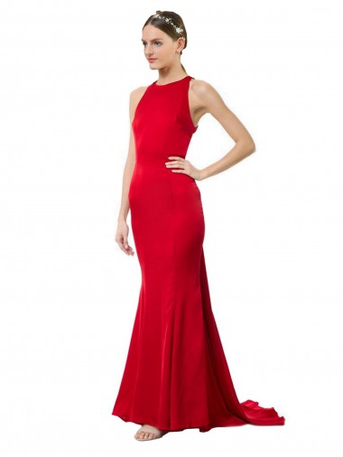Shop High Neck Mermaid Open Back Formal Crepe Maxi Bridesmaid Dress / Prom Dress with Train Detail Calgary