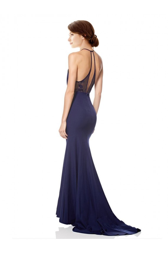 High Neck Fishtail Formal Crepe Bridesmaid Dress / Prom Dress with Open Back Detail