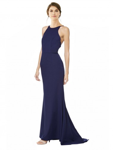 Shop Fishtail High Neck Maxi Formal Crepe Bridesmiad Dress with Strappy Back Detail Calgary