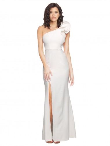 Shop One Shoulder Long Full Length Formal Crepe Bridesmaid Dress / Prom Dress with Ruffles and Side Split Calgary
