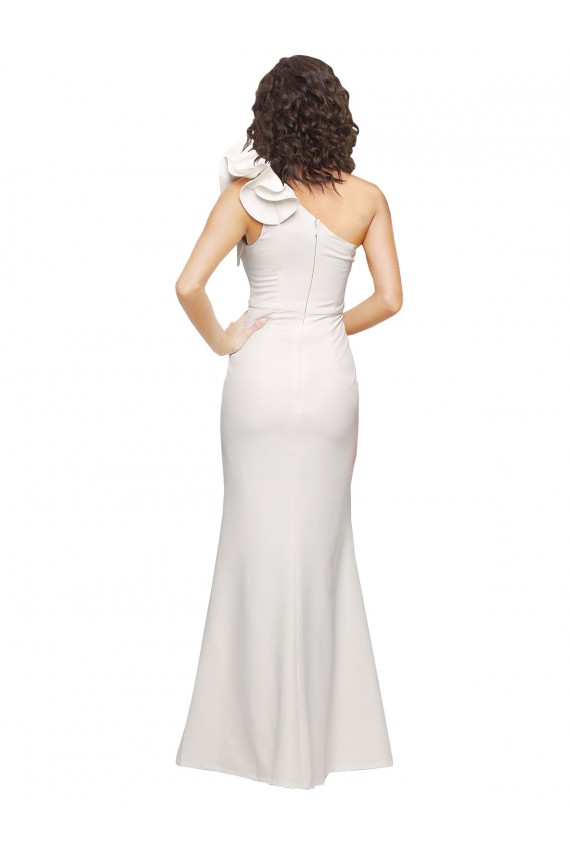 One Shoulder Long Full Length Formal Crepe Bridesmaid Dress / Prom Dress with Ruffles and Side Split