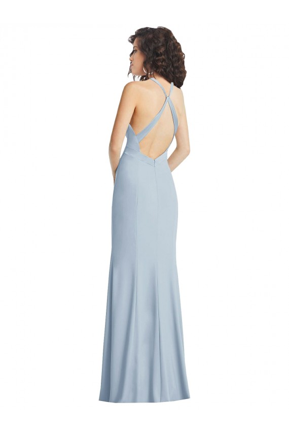 High Neck Halter Formal Crepe Bridesmaid Dress / Prom Dress with Twist Criss Cross Back